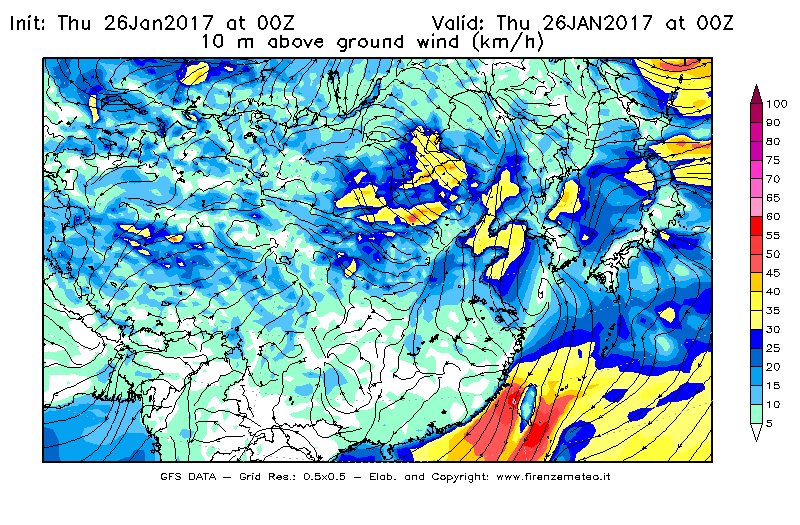 Mappa di analisi GFS - Velocità del vento a 10 metri dal suolo [km/h] in Asia Orientale
									del 26/01/2017 00 <!--googleoff: index-->UTC<!--googleon: index-->