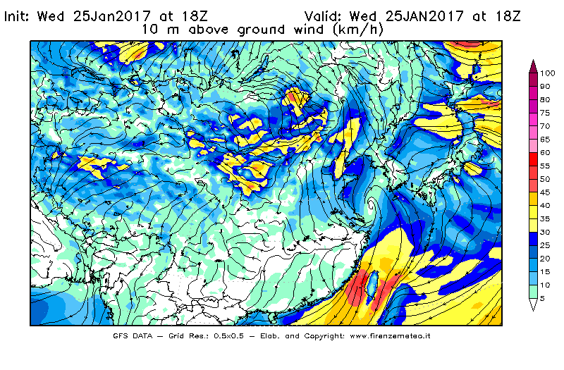Mappa di analisi GFS - Velocità del vento a 10 metri dal suolo [km/h] in Asia Orientale
									del 26/01/2017 18 <!--googleoff: index-->UTC<!--googleon: index-->