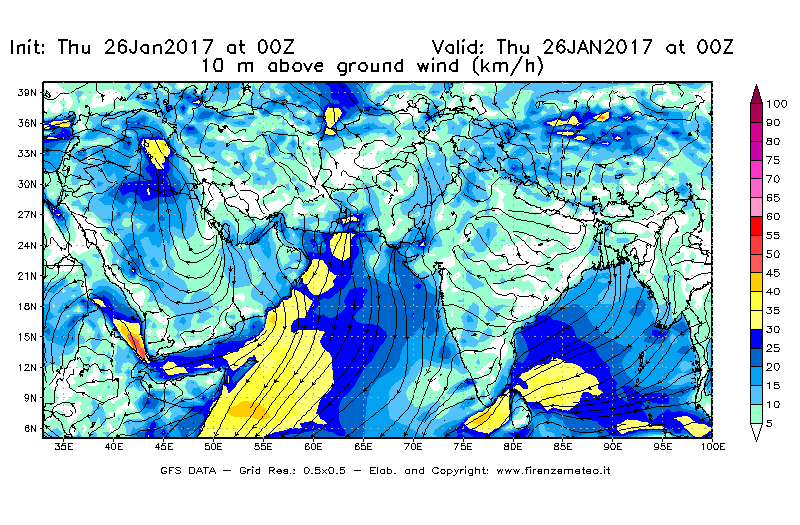 Mappa di analisi GFS - Velocità del vento a 10 metri dal suolo [km/h] in Asia Sud-Occidentale
									del 26/01/2017 00 <!--googleoff: index-->UTC<!--googleon: index-->