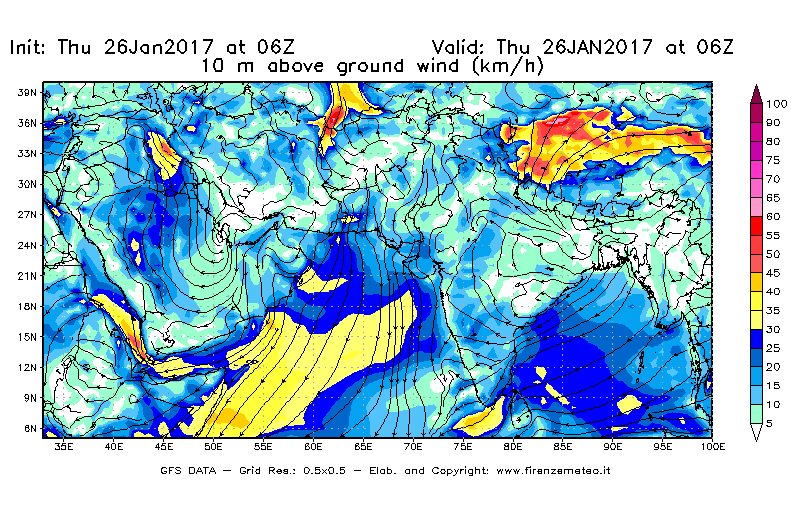 Mappa di analisi GFS - Velocità del vento a 10 metri dal suolo [km/h] in Asia Sud-Occidentale
									del 26/01/2017 06 <!--googleoff: index-->UTC<!--googleon: index-->