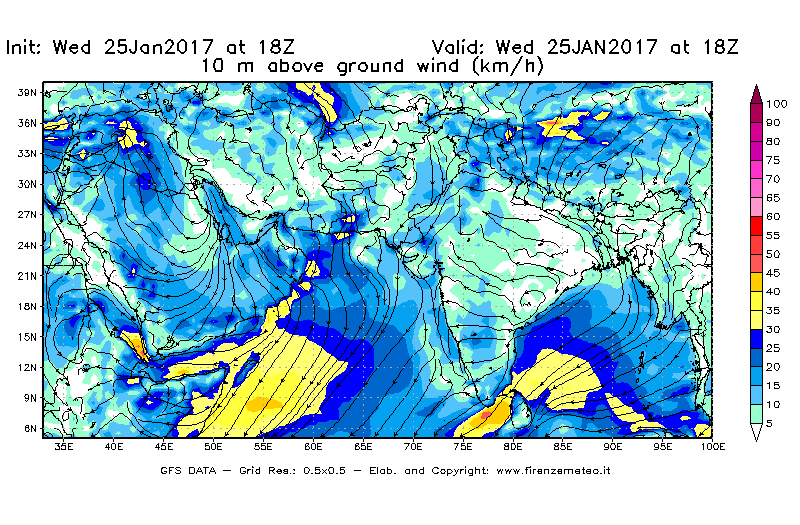 Mappa di analisi GFS - Velocità del vento a 10 metri dal suolo [km/h] in Asia Sud-Occidentale
									del 26/01/2017 18 <!--googleoff: index-->UTC<!--googleon: index-->