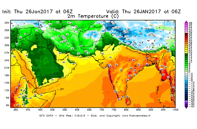 Mappa di analisi GFS - Temperatura a 2 metri dal suolo [°C] in Asia Sud-Occidentale
									del 26/01/2017 06 <!--googleoff: index-->UTC<!--googleon: index-->