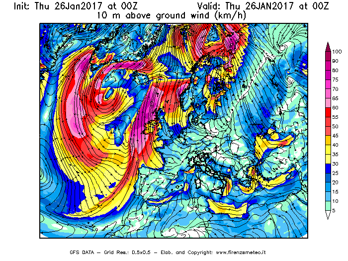 Mappa di analisi GFS - Velocità del vento a 10 metri dal suolo [km/h] in Europa
									del 26/01/2017 00 <!--googleoff: index-->UTC<!--googleon: index-->