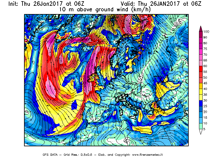 Mappa di analisi GFS - Velocità del vento a 10 metri dal suolo [km/h] in Europa
									del 26/01/2017 06 <!--googleoff: index-->UTC<!--googleon: index-->