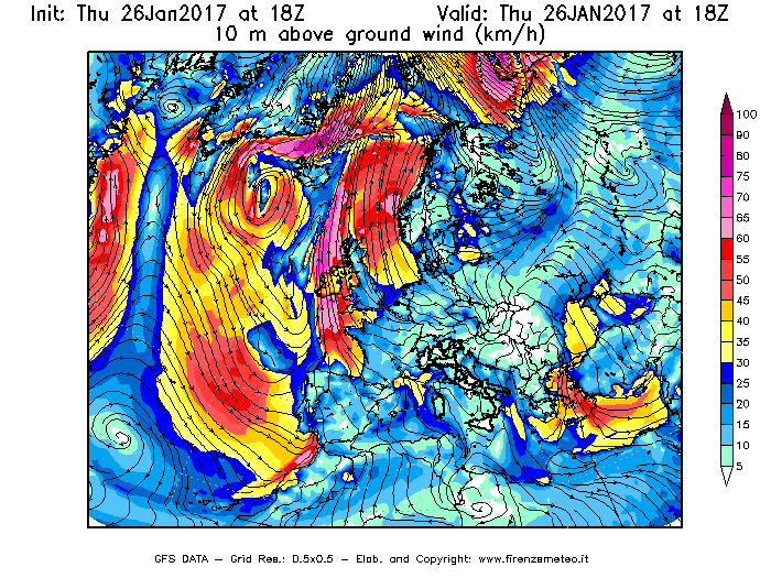 Mappa di analisi GFS - Velocità del vento a 10 metri dal suolo [km/h] in Europa
									del 26/01/2017 18 <!--googleoff: index-->UTC<!--googleon: index-->