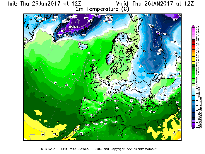Mappa di analisi GFS - Temperatura a 2 metri dal suolo [°C] in Europa
									del 26/01/2017 12 <!--googleoff: index-->UTC<!--googleon: index-->