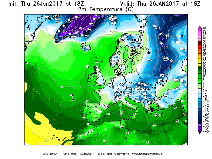 Mappa di analisi GFS - Temperatura a 2 metri dal suolo [°C] in Europa
									del 26/01/2017 18 <!--googleoff: index-->UTC<!--googleon: index-->