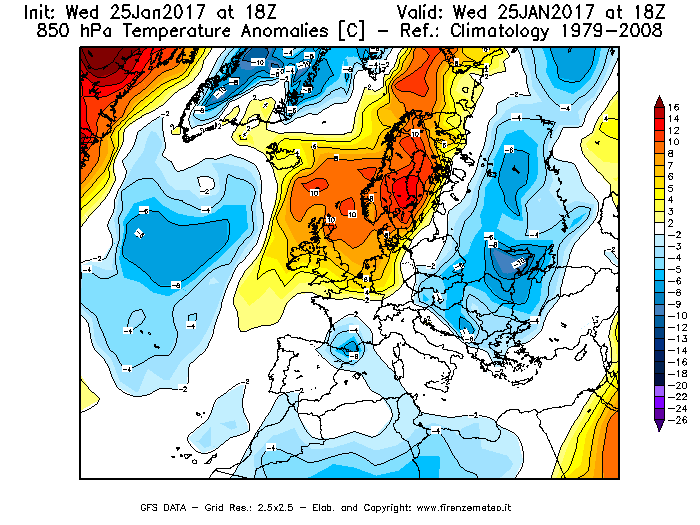 Mappa di analisi GFS - Anomalia Temperatura [°C] a 850 hPa in Europa
									del 26/01/2017 18 <!--googleoff: index-->UTC<!--googleon: index-->