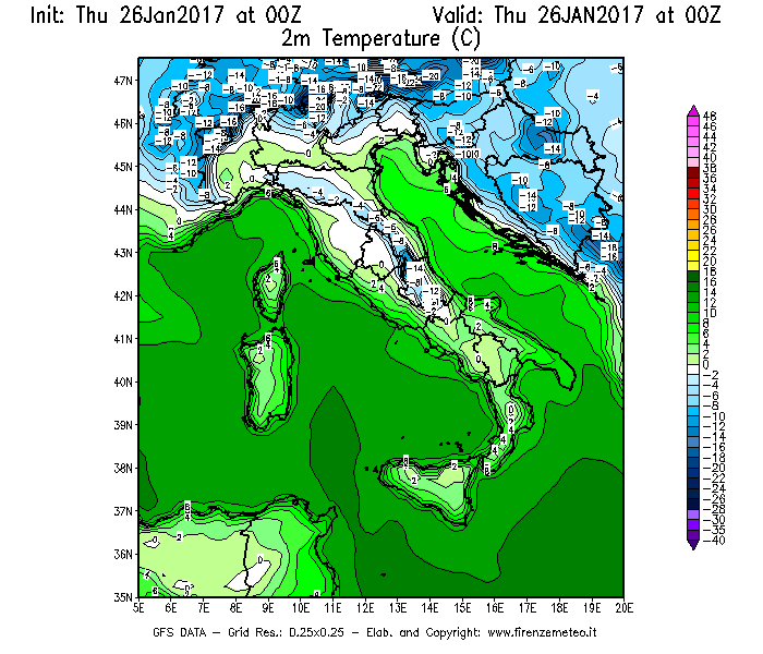 Mappa di analisi GFS - Temperatura a 2 metri dal suolo [°C] in Italia
									del 26/01/2017 00 <!--googleoff: index-->UTC<!--googleon: index-->