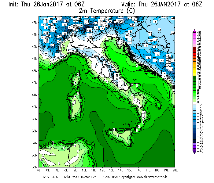 Mappa di analisi GFS - Temperatura a 2 metri dal suolo [°C] in Italia
									del 26/01/2017 06 <!--googleoff: index-->UTC<!--googleon: index-->