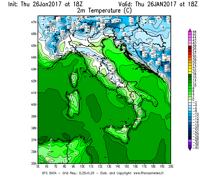 Mappa di analisi GFS - Temperatura a 2 metri dal suolo [°C] in Italia
									del 26/01/2017 18 <!--googleoff: index-->UTC<!--googleon: index-->