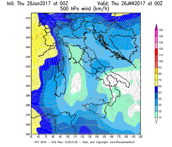 Mappa di analisi GFS - Velocità del vento a 500 hPa [km/h] in Italia
									del 26/01/2017 00 <!--googleoff: index-->UTC<!--googleon: index-->