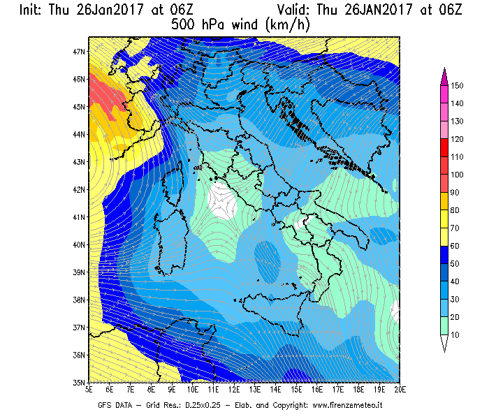 Mappa di analisi GFS - Velocità del vento a 500 hPa [km/h] in Italia
									del 26/01/2017 06 <!--googleoff: index-->UTC<!--googleon: index-->