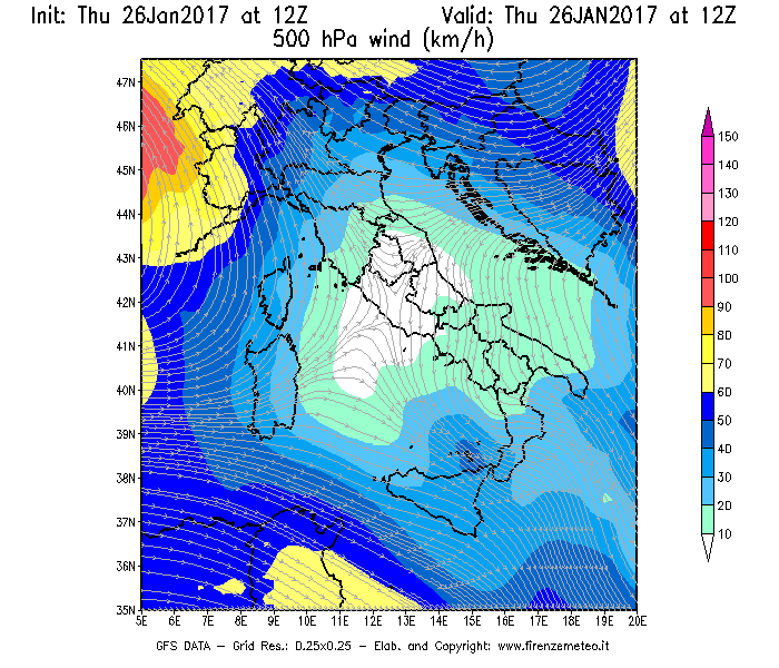 Mappa di analisi GFS - Velocità del vento a 500 hPa [km/h] in Italia
									del 26/01/2017 12 <!--googleoff: index-->UTC<!--googleon: index-->