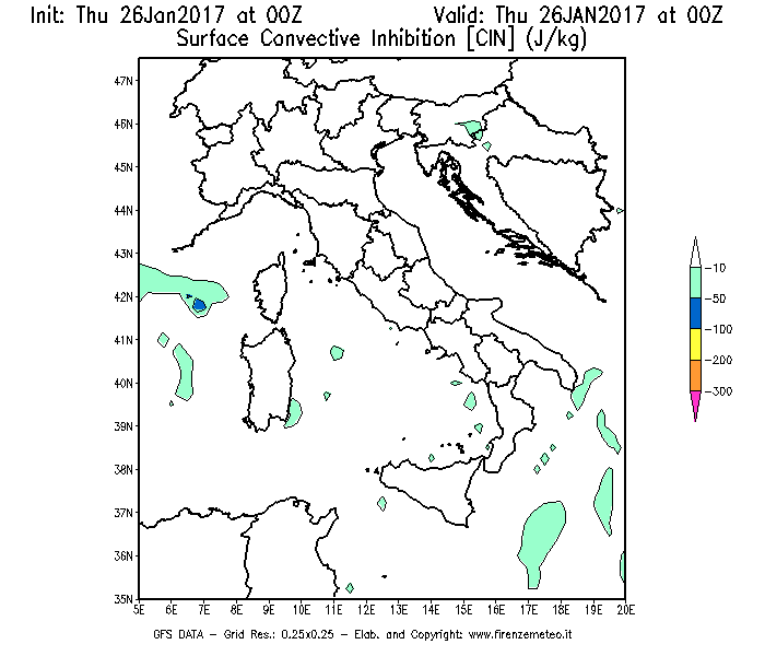 Mappa di analisi GFS - CIN [J/kg] in Italia
									del 26/01/2017 00 <!--googleoff: index-->UTC<!--googleon: index-->
