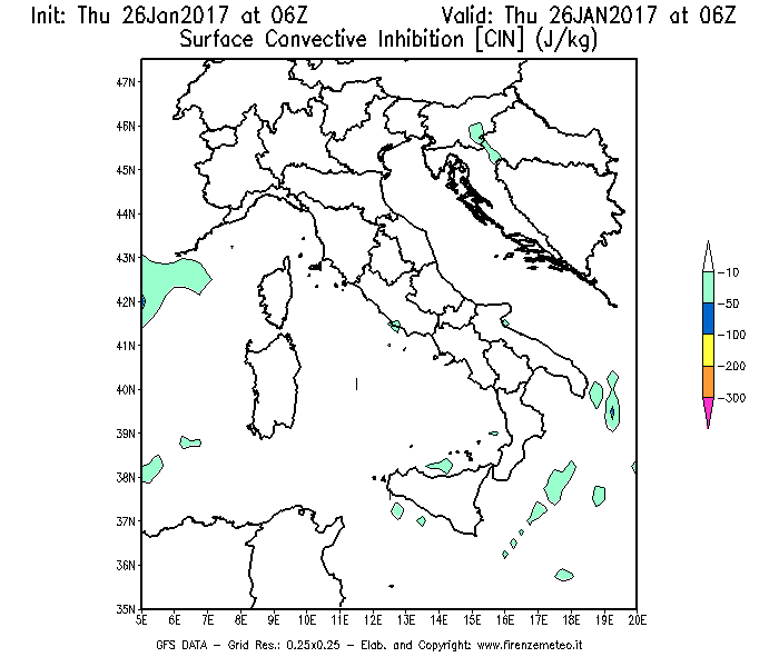 Mappa di analisi GFS - CIN [J/kg] in Italia
									del 26/01/2017 06 <!--googleoff: index-->UTC<!--googleon: index-->