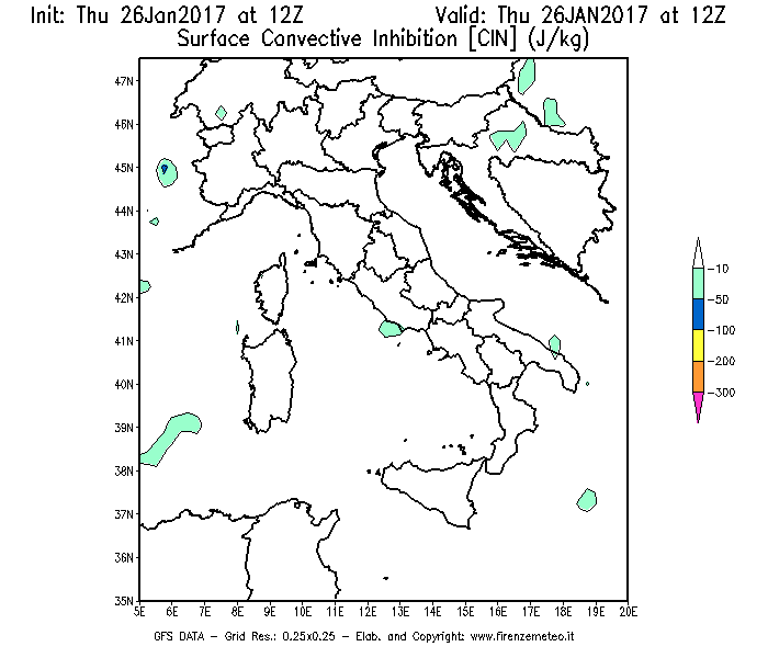 Mappa di analisi GFS - CIN [J/kg] in Italia
									del 26/01/2017 12 <!--googleoff: index-->UTC<!--googleon: index-->