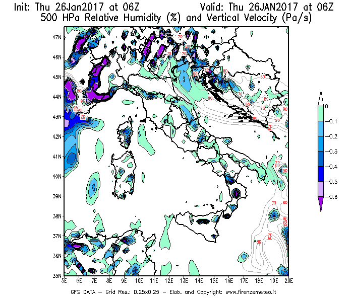 Mappa di analisi GFS - Umidità relativa [%] e Omega [Pa/s] a 500 hPa in Italia
									del 26/01/2017 06 <!--googleoff: index-->UTC<!--googleon: index-->