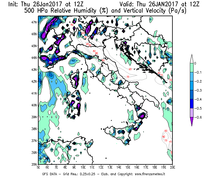 Mappa di analisi GFS - Umidità relativa [%] e Omega [Pa/s] a 500 hPa in Italia
									del 26/01/2017 12 <!--googleoff: index-->UTC<!--googleon: index-->