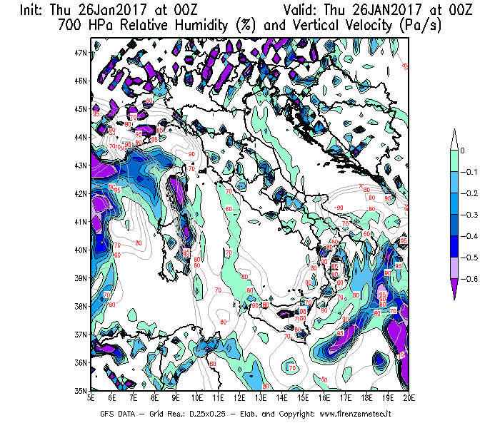 Mappa di analisi GFS - Umidità relativa [%] e Omega [Pa/s] a 700 hPa in Italia
									del 26/01/2017 00 <!--googleoff: index-->UTC<!--googleon: index-->