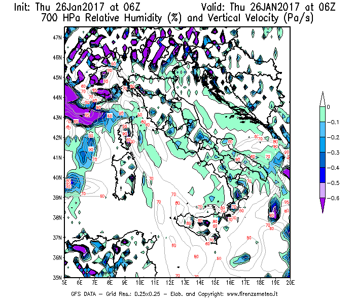 Mappa di analisi GFS - Umidità relativa [%] e Omega [Pa/s] a 700 hPa in Italia
									del 26/01/2017 06 <!--googleoff: index-->UTC<!--googleon: index-->