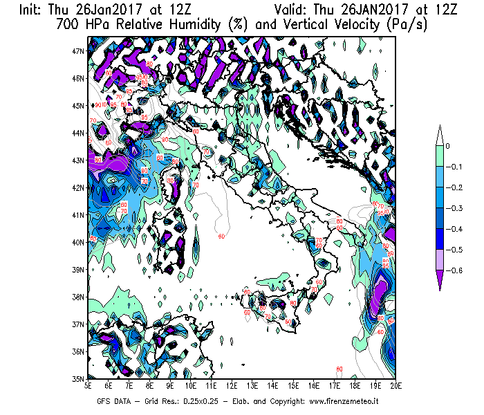 Mappa di analisi GFS - Umidità relativa [%] e Omega [Pa/s] a 700 hPa in Italia
									del 26/01/2017 12 <!--googleoff: index-->UTC<!--googleon: index-->