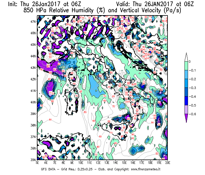 Mappa di analisi GFS - Umidità relativa [%] e Omega [Pa/s] a 850 hPa in Italia
									del 26/01/2017 06 <!--googleoff: index-->UTC<!--googleon: index-->