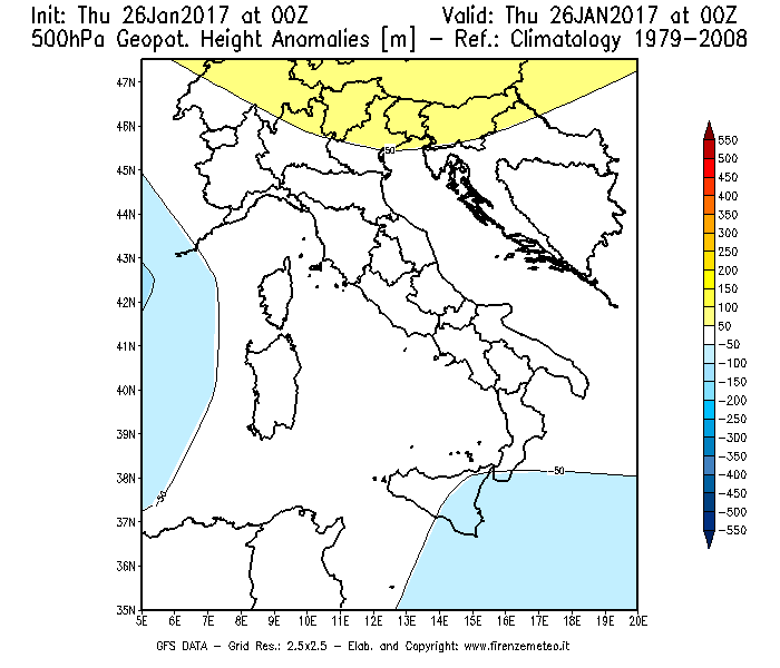 Mappa di analisi GFS - Anomalia di Geopotenziale a 500 hPa in Italia
									del 26/01/2017 00 <!--googleoff: index-->UTC<!--googleon: index-->