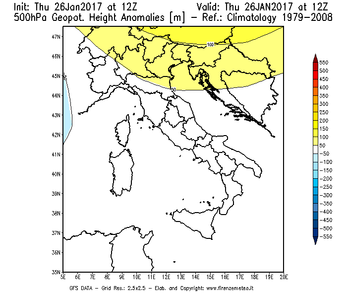 Mappa di analisi GFS - Anomalia di Geopotenziale a 500 hPa in Italia
									del 26/01/2017 12 <!--googleoff: index-->UTC<!--googleon: index-->