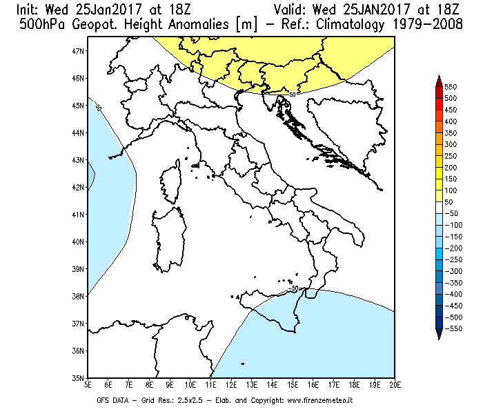 Mappa di analisi GFS - Anomalia di Geopotenziale a 500 hPa in Italia
									del 26/01/2017 18 <!--googleoff: index-->UTC<!--googleon: index-->
