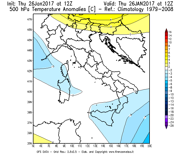 Mappa di analisi GFS - Anomalia Temperatura [°C] a 500 hPa in Italia
									del 26/01/2017 12 <!--googleoff: index-->UTC<!--googleon: index-->