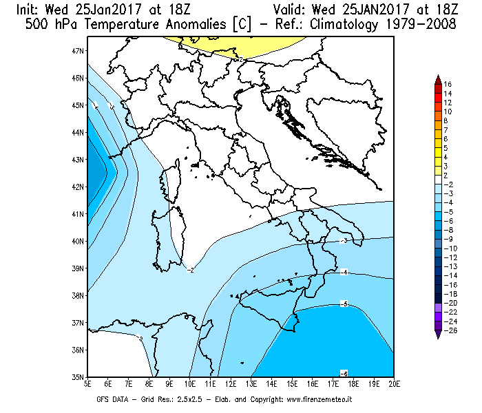Mappa di analisi GFS - Anomalia Temperatura [°C] a 500 hPa in Italia
									del 26/01/2017 18 <!--googleoff: index-->UTC<!--googleon: index-->