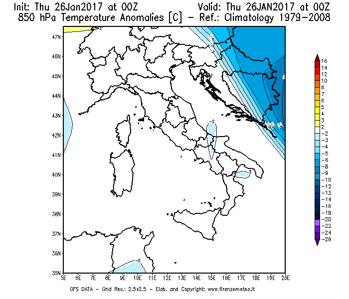 Mappa di analisi GFS - Anomalia Temperatura [°C] a 850 hPa in Italia
									del 26/01/2017 00 <!--googleoff: index-->UTC<!--googleon: index-->