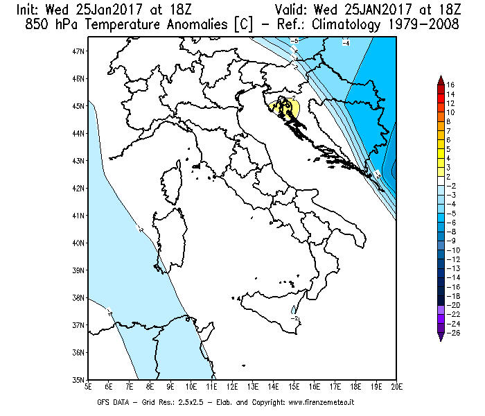 Mappa di analisi GFS - Anomalia Temperatura [°C] a 850 hPa in Italia
									del 26/01/2017 18 <!--googleoff: index-->UTC<!--googleon: index-->