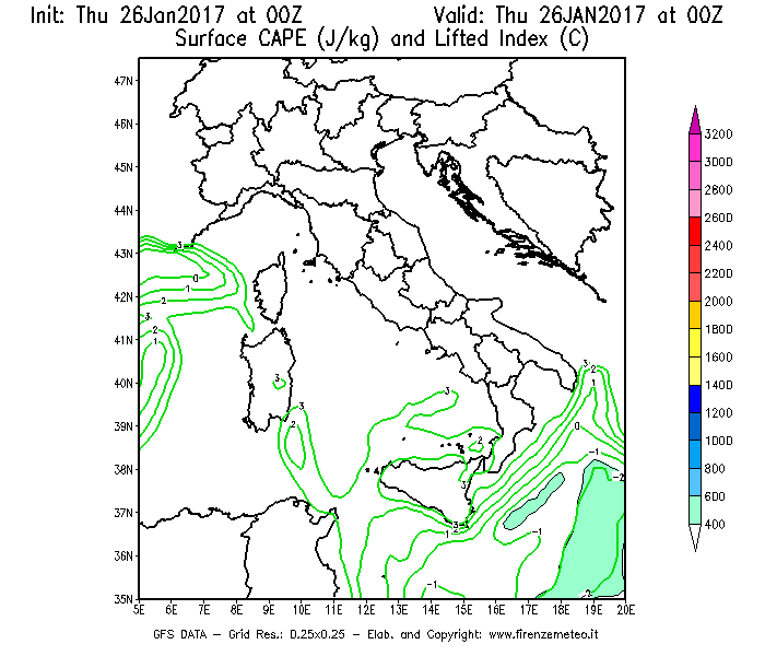 Mappa di analisi GFS - CAPE [J/kg] e Lifted Index [°C] in Italia
									del 26/01/2017 00 <!--googleoff: index-->UTC<!--googleon: index-->