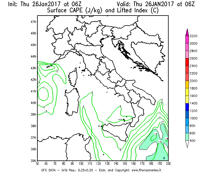 Mappa di analisi GFS - CAPE [J/kg] e Lifted Index [°C] in Italia
									del 26/01/2017 06 <!--googleoff: index-->UTC<!--googleon: index-->
