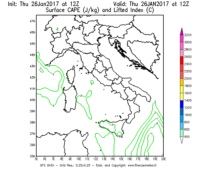 Mappa di analisi GFS - CAPE [J/kg] e Lifted Index [°C] in Italia
									del 26/01/2017 12 <!--googleoff: index-->UTC<!--googleon: index-->