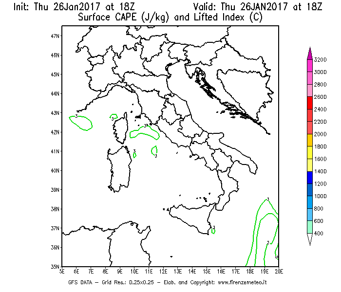 Mappa di analisi GFS - CAPE [J/kg] e Lifted Index [°C] in Italia
									del 26/01/2017 18 <!--googleoff: index-->UTC<!--googleon: index-->