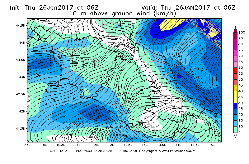 Mappa di analisi GFS - Velocità del vento a 10 metri dal suolo [km/h] in Centro-Italia
									del 26/01/2017 06 <!--googleoff: index-->UTC<!--googleon: index-->