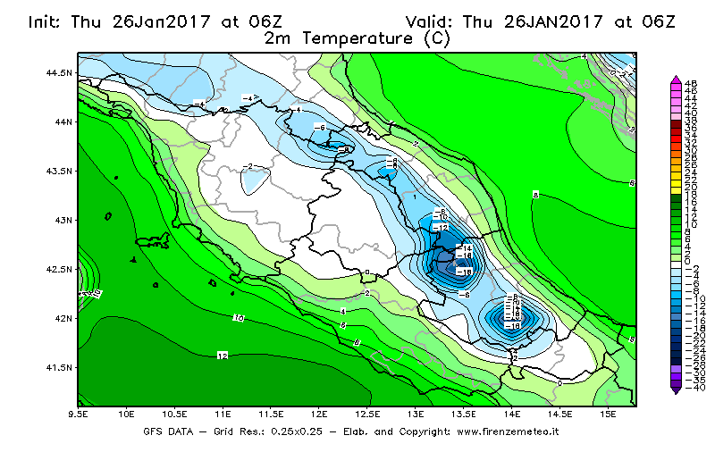 Mappa di analisi GFS - Temperatura a 2 metri dal suolo [°C] in Centro-Italia
									del 26/01/2017 06 <!--googleoff: index-->UTC<!--googleon: index-->