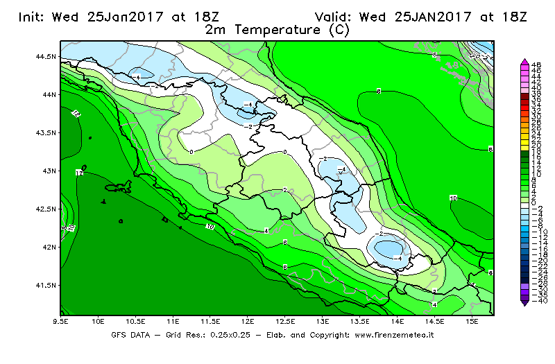 Mappa di analisi GFS - Temperatura a 2 metri dal suolo [°C] in Centro-Italia
									del 26/01/2017 18 <!--googleoff: index-->UTC<!--googleon: index-->