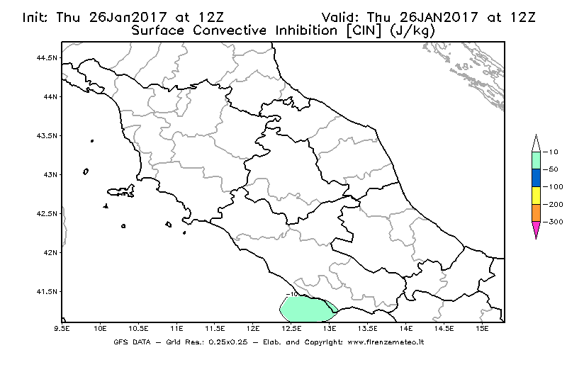 Mappa di analisi GFS - CIN [J/kg] in Centro-Italia
									del 26/01/2017 12 <!--googleoff: index-->UTC<!--googleon: index-->