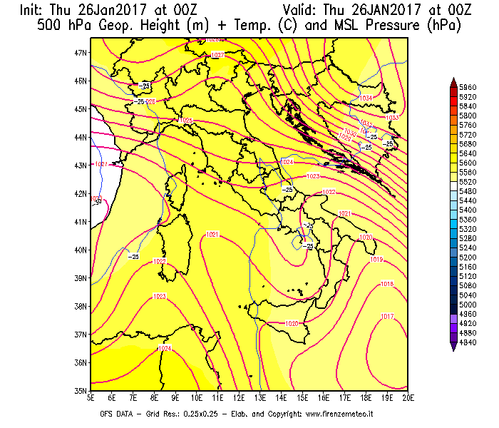 Mappa di analisi GFS - Geopotenziale [m] + Temp. [°C] a 500 hPa + Press. a livello del mare [hPa] in Italia
									del 26/01/2017 00 <!--googleoff: index-->UTC<!--googleon: index-->