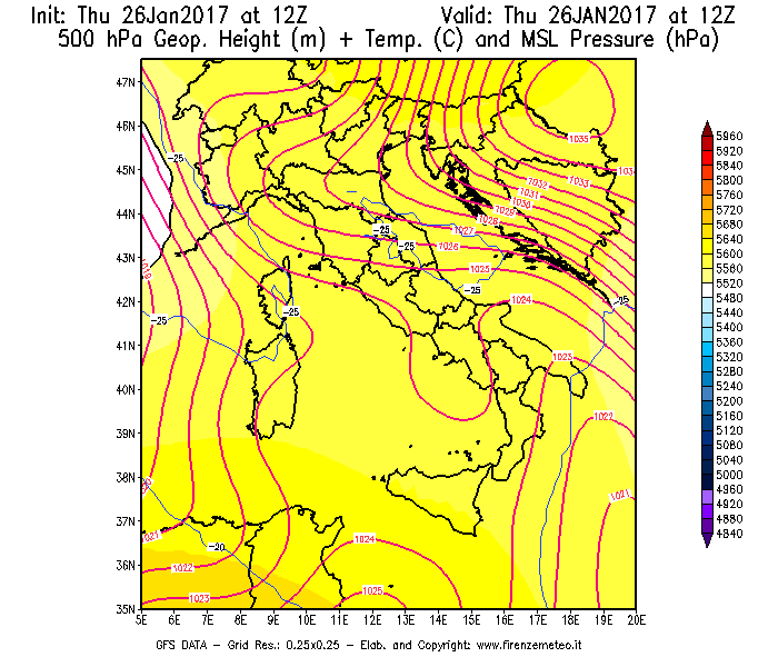 Mappa di analisi GFS - Geopotenziale [m] + Temp. [°C] a 500 hPa + Press. a livello del mare [hPa] in Italia
									del 26/01/2017 12 <!--googleoff: index-->UTC<!--googleon: index-->