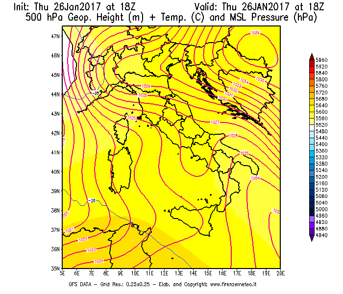 Mappa di analisi GFS - Geopotenziale [m] + Temp. [°C] a 500 hPa + Press. a livello del mare [hPa] in Italia
									del 26/01/2017 18 <!--googleoff: index-->UTC<!--googleon: index-->