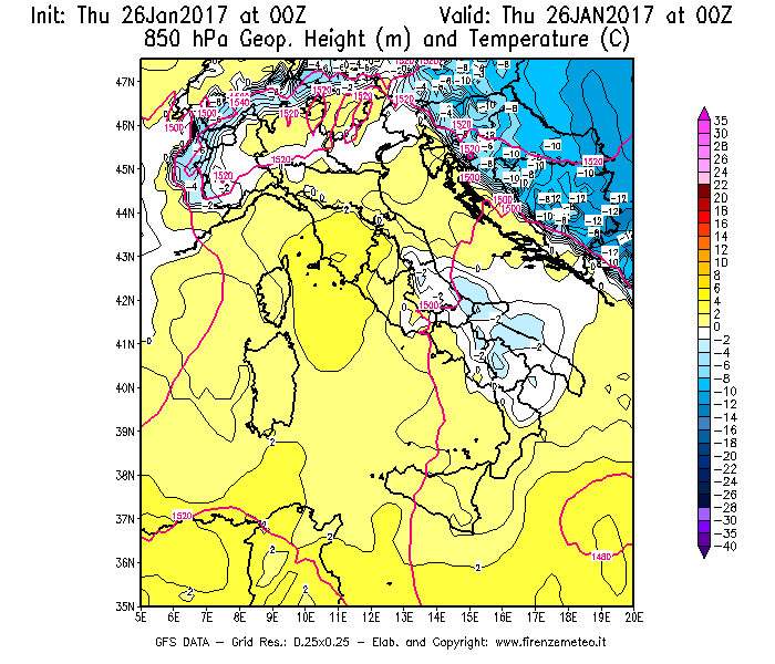 Mappa di analisi GFS - Geopotenziale [m] e Temperatura [°C] a 850 hPa in Italia
									del 26/01/2017 00 <!--googleoff: index-->UTC<!--googleon: index-->