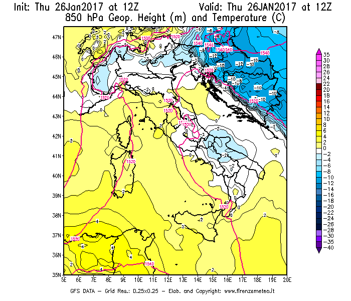 Mappa di analisi GFS - Geopotenziale [m] e Temperatura [°C] a 850 hPa in Italia
									del 26/01/2017 12 <!--googleoff: index-->UTC<!--googleon: index-->