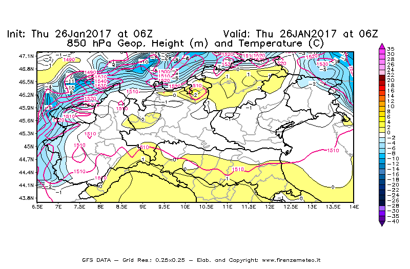 Mappa di analisi GFS - Geopotenziale [m] e Temperatura [°C] a 850 hPa in Nord-Italia
									del 26/01/2017 06 <!--googleoff: index-->UTC<!--googleon: index-->