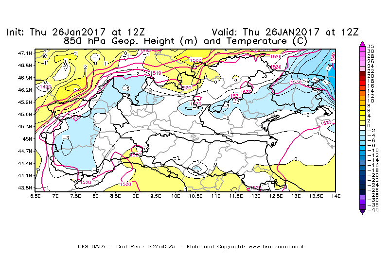 Mappa di analisi GFS - Geopotenziale [m] e Temperatura [°C] a 850 hPa in Nord-Italia
									del 26/01/2017 12 <!--googleoff: index-->UTC<!--googleon: index-->