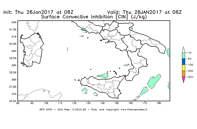 Mappa di analisi GFS - CIN [J/kg] in Sud-Italia
									del 26/01/2017 06 <!--googleoff: index-->UTC<!--googleon: index-->